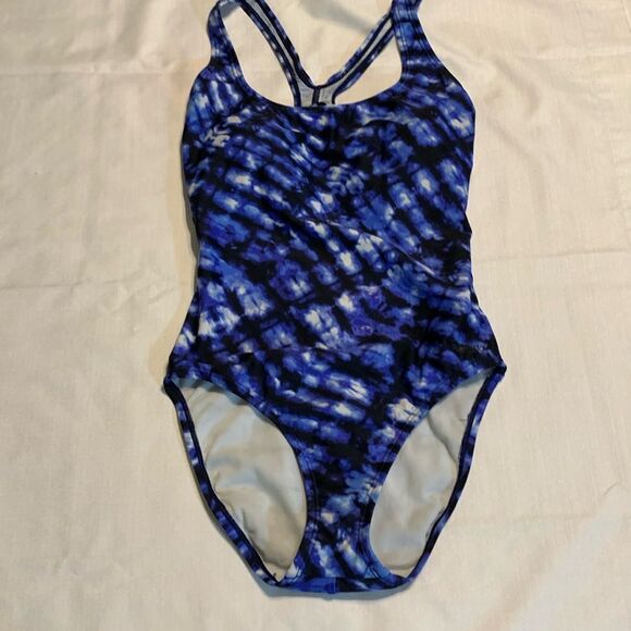 Speedo size 8 blue and black tie-dye razorback lightly padded swimsuit - Picture 1 of 7